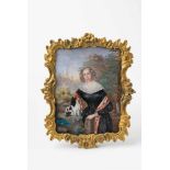 Bildnis Mrs. HaigGouache auf Elfenbein. Dreiviertelfigur mit King Charles Spaniel vor