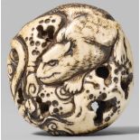 A large stag antler manjû-type netsuke of a tiger and dragon. 19th centuryOf nearly round shape,