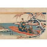 Utagawa Hiroshige (1797-1858)Ôban yoko-e. Man and woman in a boat in a snowy landscape. Signed:
