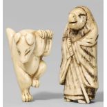 An ivory and a stag antler netsuke of Hakusôzu. 19th centurya) In dancing posture, both forepaws