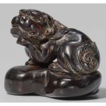 An umimatsu netsuke of a shishi. Early 19th centurySitting on a rocky base, head turned to the side,