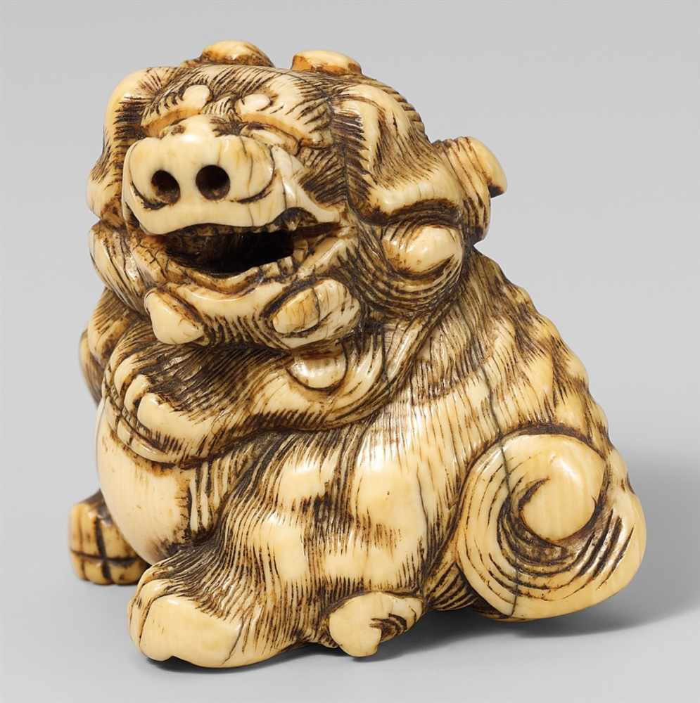 A large Kyoto school ivory netsuke of a shishi with a ball. Late 18th centuryA shishi of