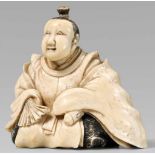 An ivory okimono-type netsuke of a courtier, by Masayuki. Second half 19th centuryKneeling, both