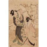 Kikugawa Eizan (1787-1867)Ôban. Series: Fûzoku Gotenyama sakura. Two women on a riverbank beneath