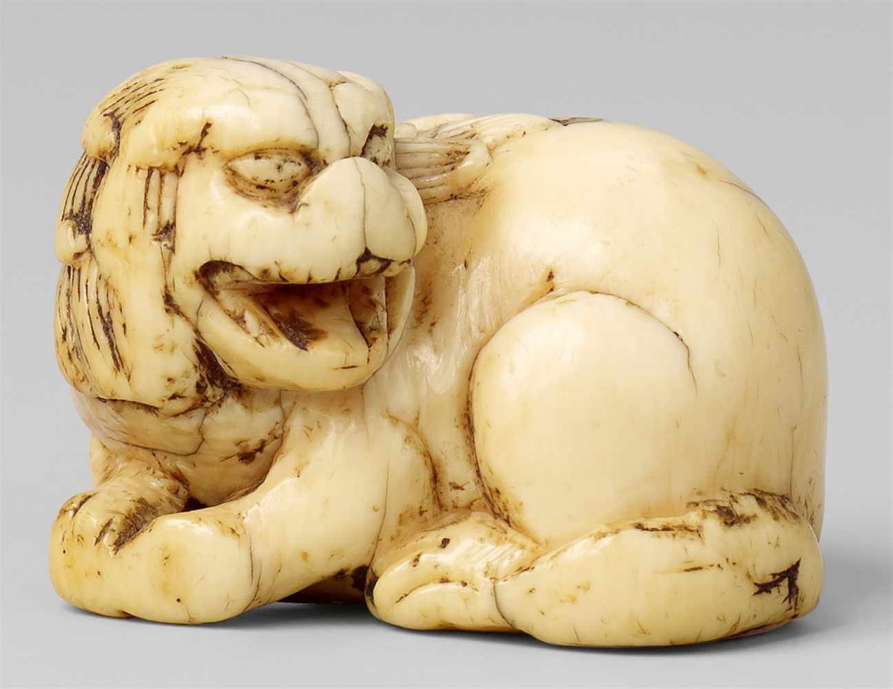 A small ivory netsuke of a recumbent shishi. 18th centuryRoaring, the head turned to the left and