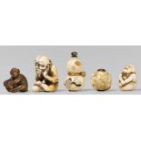 Three ivory ojime, one wood ojime and one miniature ivory nioibin. 19th centurya) In shape of a