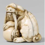 An Edo school ivory netsuke of a shishi with a ball, by Gyokuyôsai. 19th centurySeated, the head