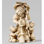 An ivory netsuke of a Chinese musician. Around 1800Laughing, holding a trumpet in his right hand and