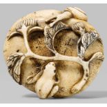 A bone netsuke of a frog and a snail on a mushroom. Late 19th centuryBoth animals climbing on each