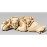 An ivory netsuke of a sleeping sarumawashi. Early 19th centuryThe old monkey trainer has fallen