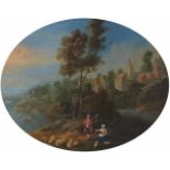 Jan Frans van BredaelKüstenlandschaft mit einem SchäferpaarÖl auf Kupfer. 11,5 x 14,5 cm (oval).