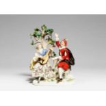 A Meissen porcelain group of shepherds by a treeTwo-figure pastoral group. Blue crossed swords