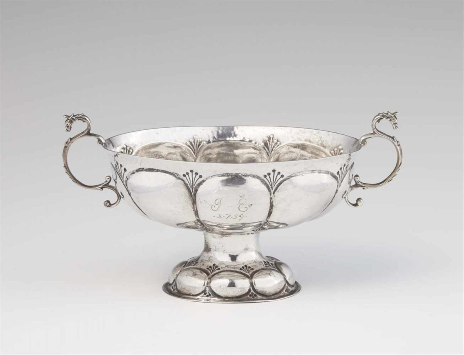 An Esens silver brandy bowlDeep dish with handles to each side, monogrammed "JE", dated 1759. W