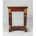 A carved walnut console table with cornucopia supportsStraight apron with one drawer. Cracks, insect