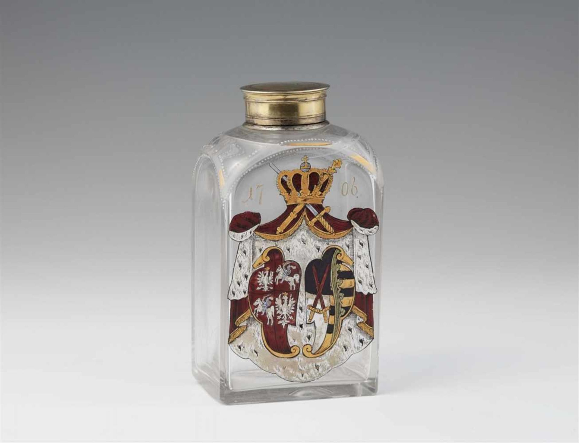 A courtish Saxon silver gilt-mounted glass apothecary bottleThe bottle is thought to originate