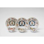 Four Meissen porcelain tea bowls and saucers with Imari decorBlue crossed swords mark with K and