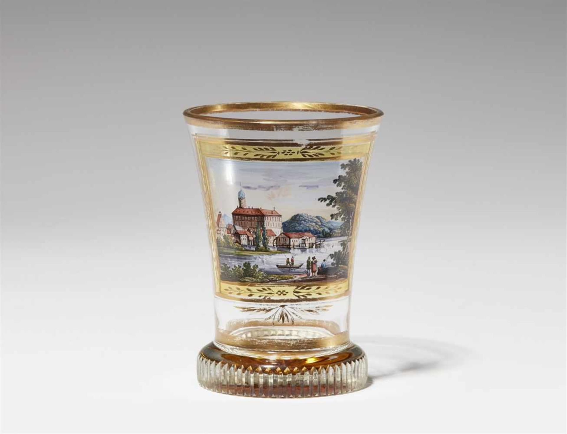 A Vienna glass "ranftbecher" beaker with a vedutaTapering beaker with polychrome enamel and gilding.