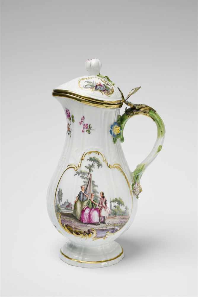 A Meissen porcelain jug and cover with Watteau scenesWith Neu-Dulong relief decor and floral