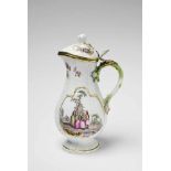 A Meissen porcelain jug and cover with Watteau scenesWith Neu-Dulong relief decor and floral