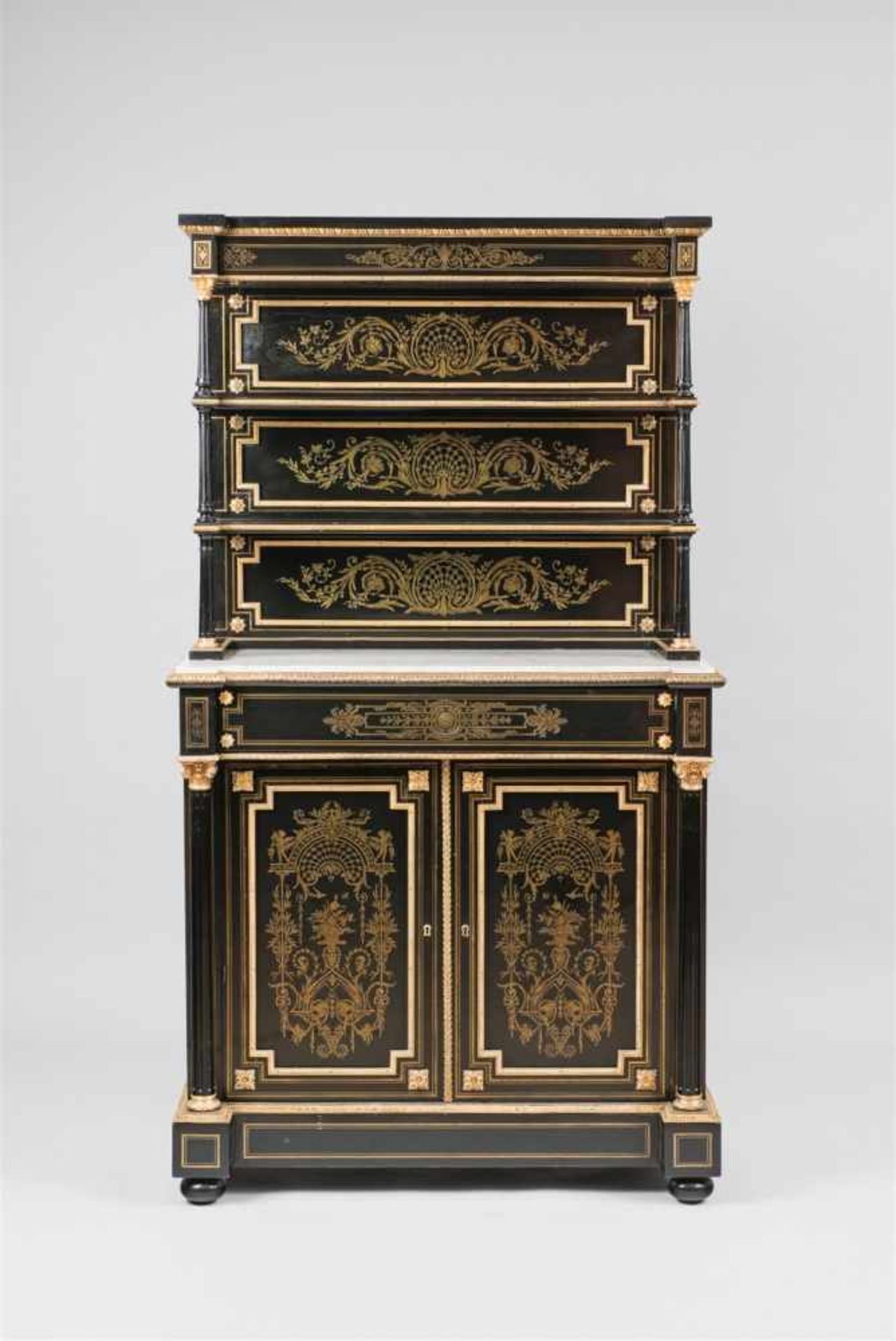 An unusual French Napoleon III cabinetEbonised wood, ebony and brass inlays on oak corpus, mahogany,