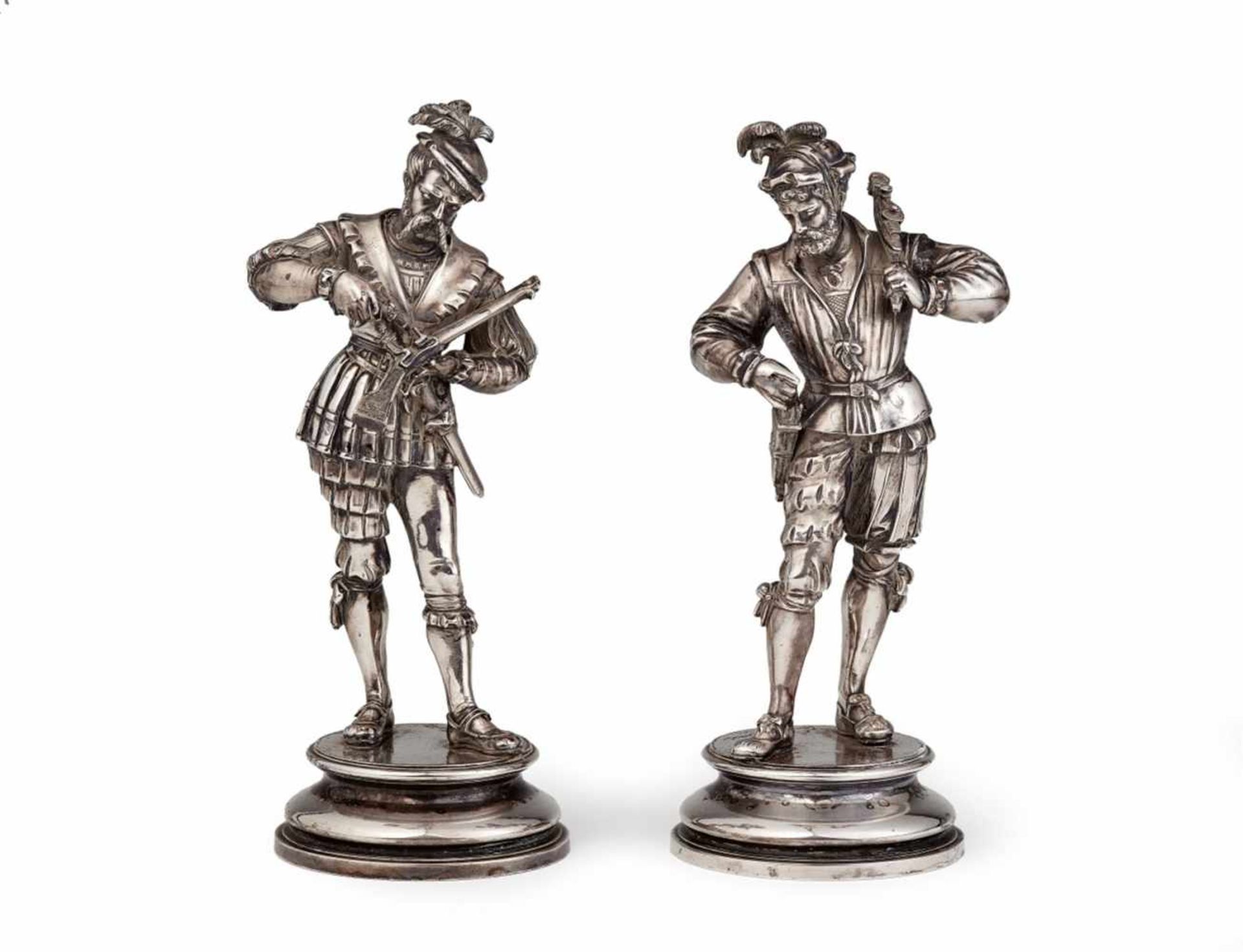 Two bronze figures of soldiersSilver plated bronze figures on round pedestals. Signed to the