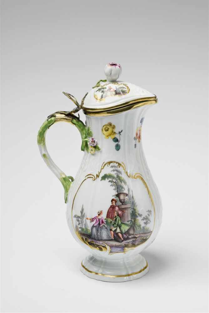 A Meissen porcelain jug and cover with Watteau scenesWith Neu-Dulong relief decor and floral - Image 2 of 2