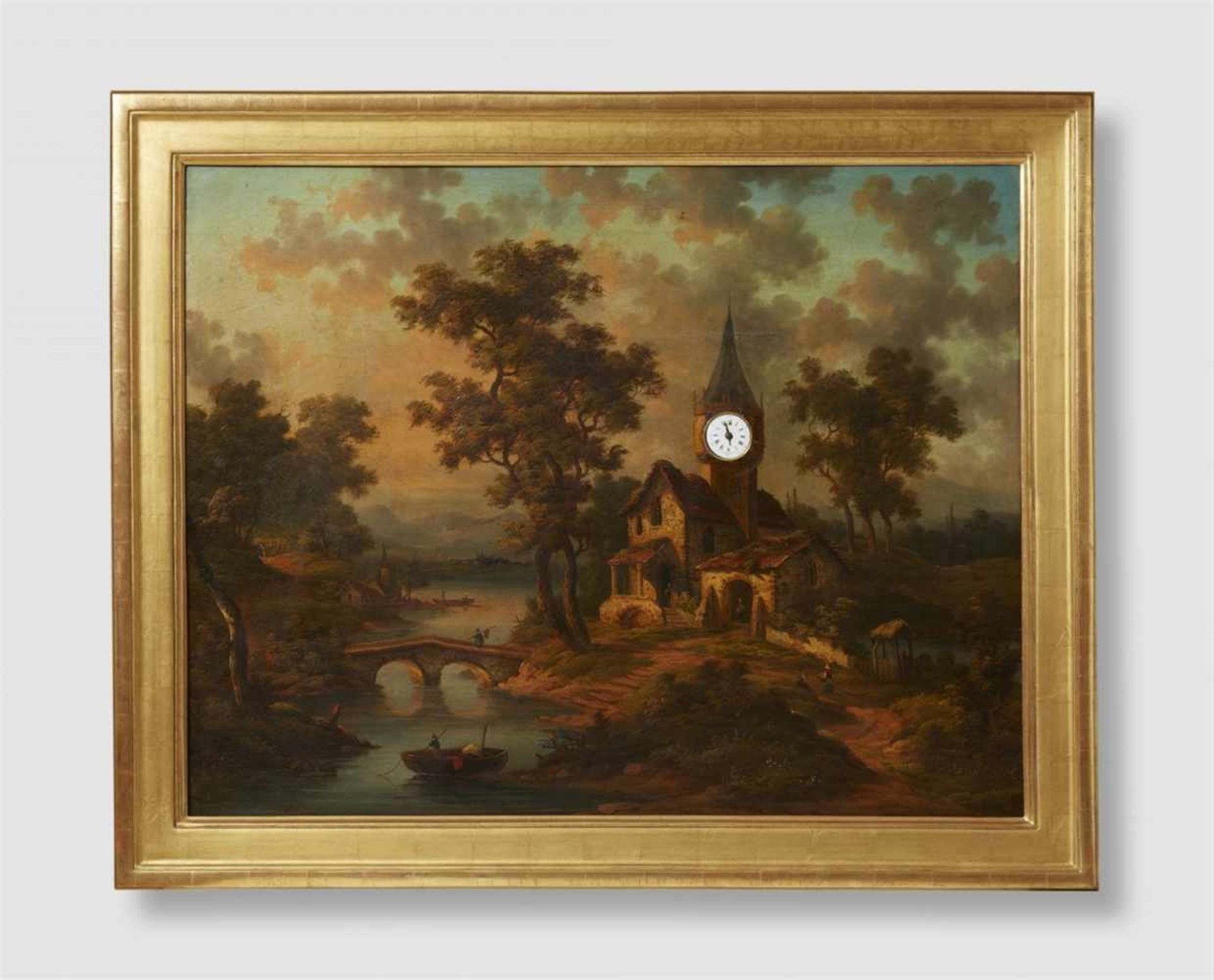 A French picture clock with a Romantic landscapeOil on canvas in a giltwood frame. 8-day movement
