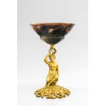 An ormolu mounted agate stembowl with a faunBroad bowl on a figural stem supported by a pierced