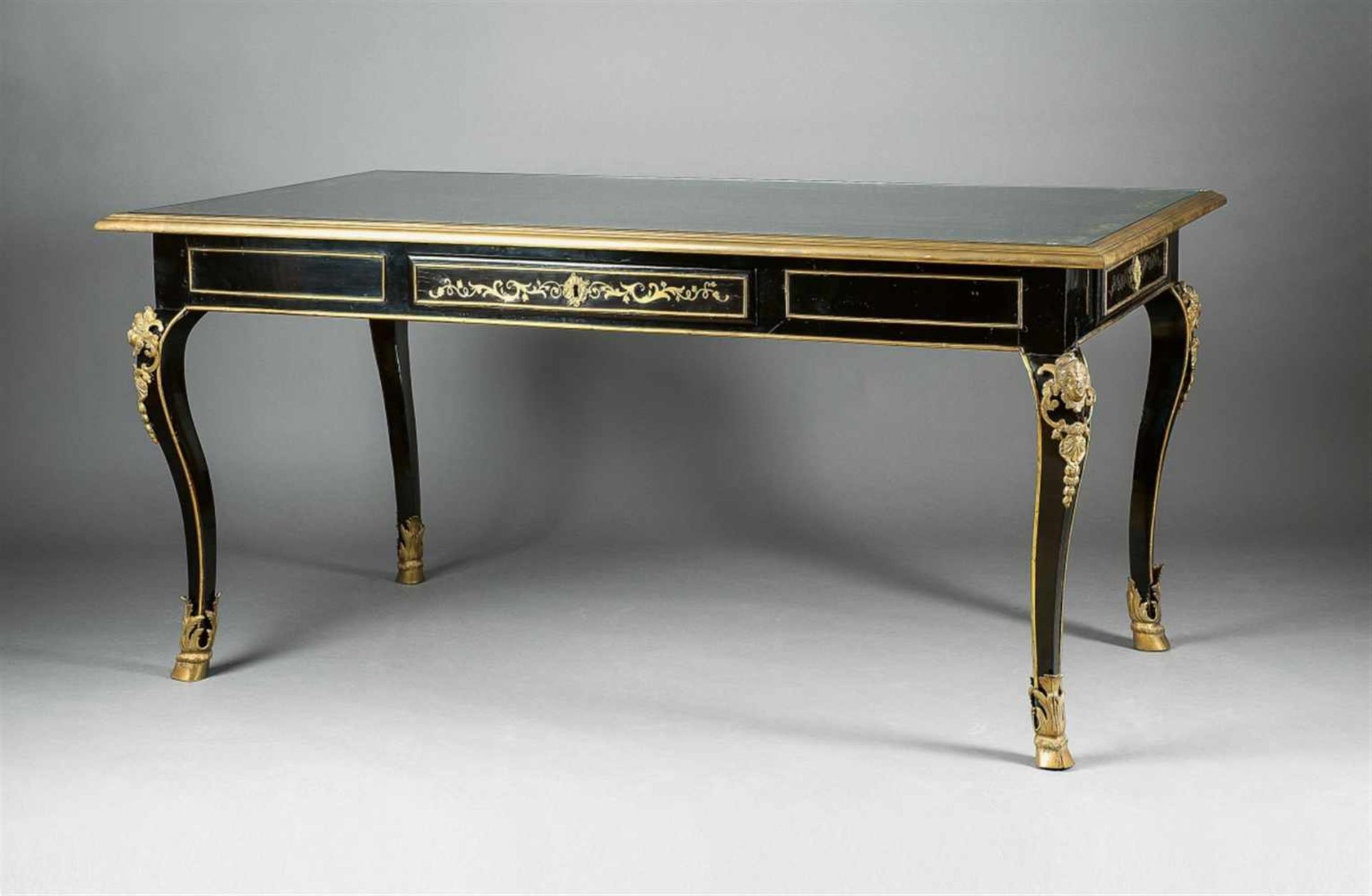 A South German inlaid bureau platEbonised wood and ingraved brass on conifer, ormolu mountings,