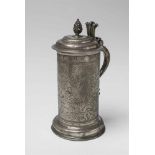 A rare Danzig tin tankard and coverWith a large pinecone finial and fan-like thumb rest. Finely
