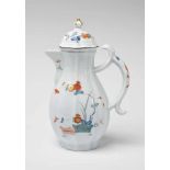 A Meissen porcelain coffee pot and cover with kakiemon decorBlue crossed swords mark with curved