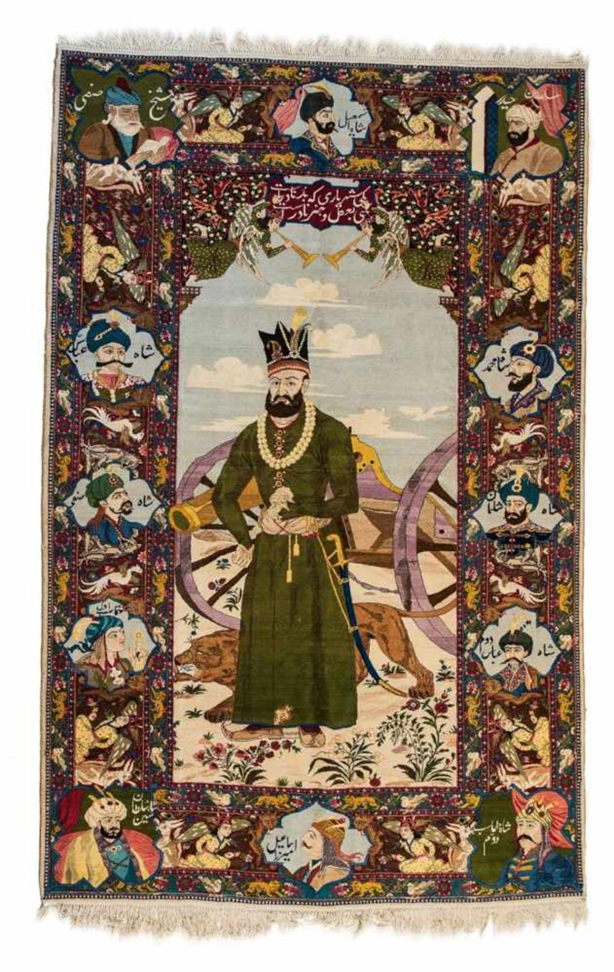 An Tabriz carpetWool and cotton. With a large portrait of Nadir Shah. Renewed shirazi. 280 x 175 cm.