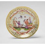 A Meissen porcelain saucer with chinoiserie decorUnmarked, dreher's mark + of Johann Daniel Rehschuh