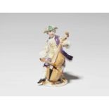 A rare Meissen porcelain figure of a cello player from the gallant bandBlue crossed swords mark to