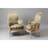 A pair of Parisian Louis XVI bergèresPainted beechwood (overpainted), damast upholstery. Stamped