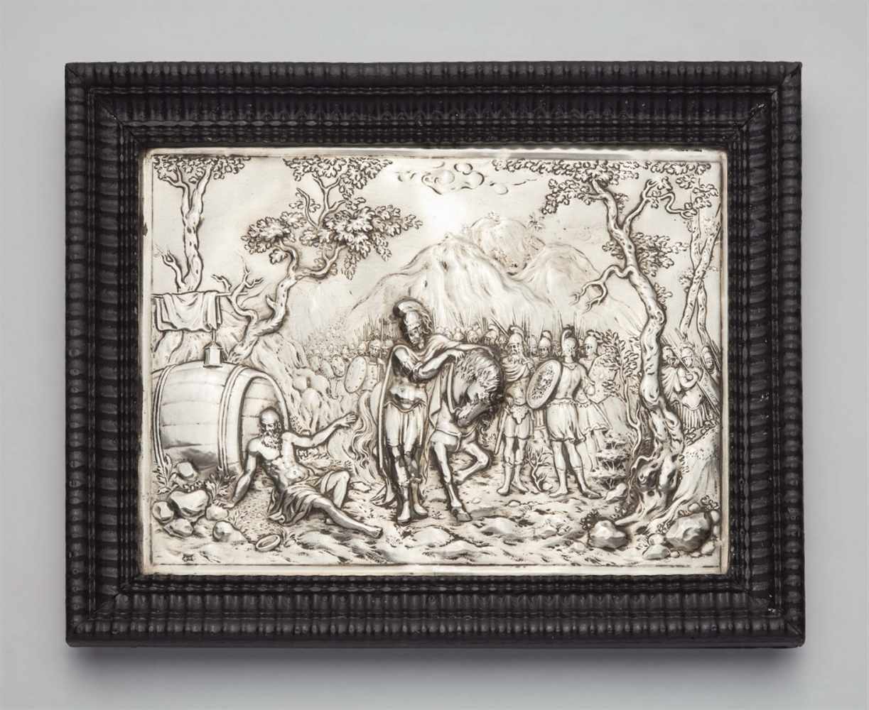 A Danzig silver reliefFinely embossed and chased relief depicting Diogenes and Alexander the