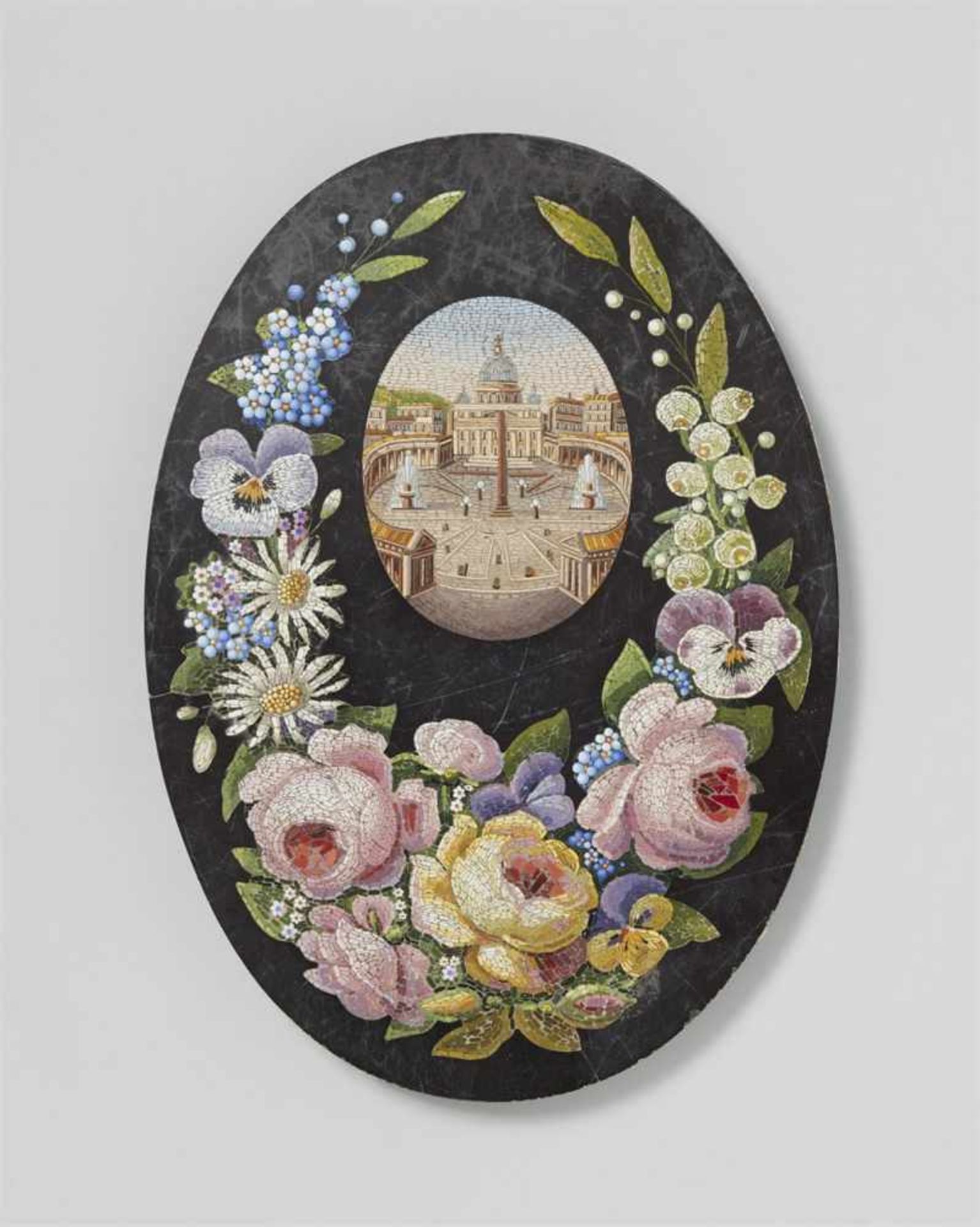 An oval micromosaic plaque with a view of St. Peter's SquareThe surface partially matte and with