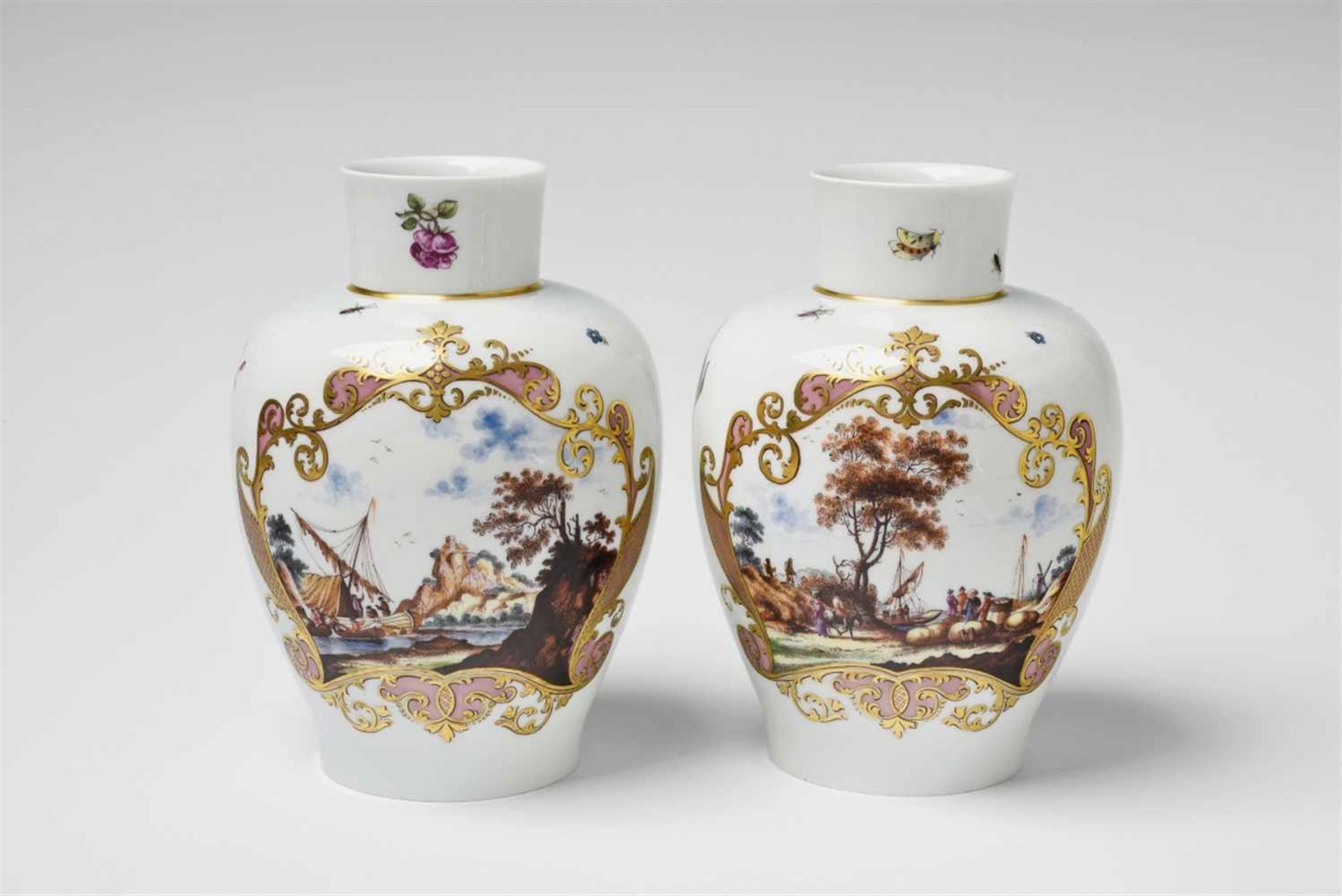 A pair of Meissen porcelain vases with merchant navy scenesBaluster form vases painted with "