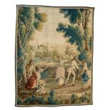An Aubusson silk tapestry with a game of blind man's buffLined tapestry depicting five figures