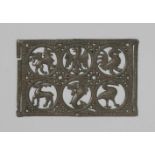 A fragment of a Gothic tin box lidPierced rectangular plaque with animal motifs in six medallions. A