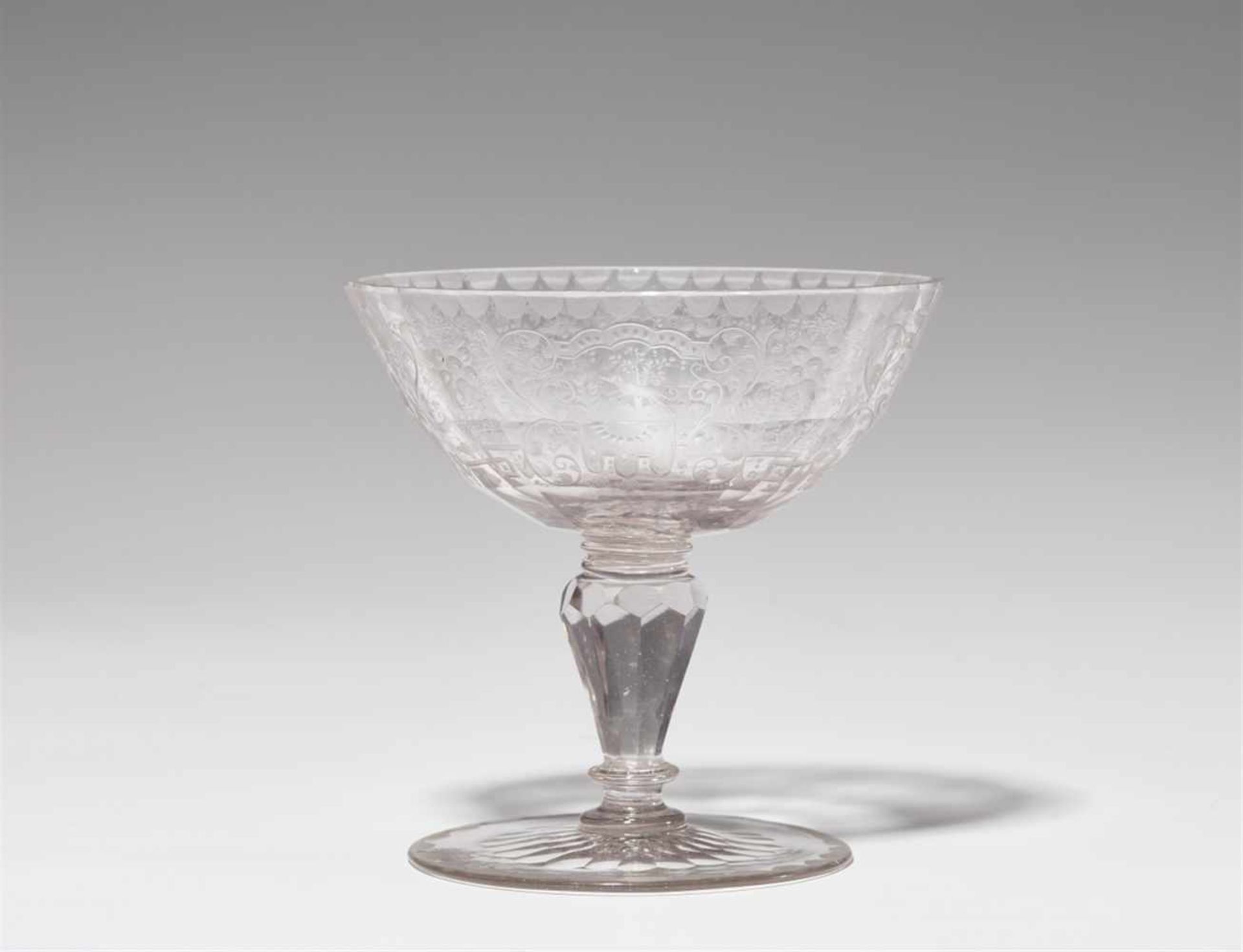 A Silesian glass goblet with engraved decorFacetted oval dish with tendril and strapwork decor