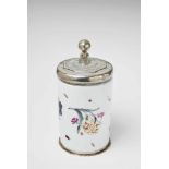 A Meissen porcelain tankard with woodcut style flowers and insectsThe early silver mountings