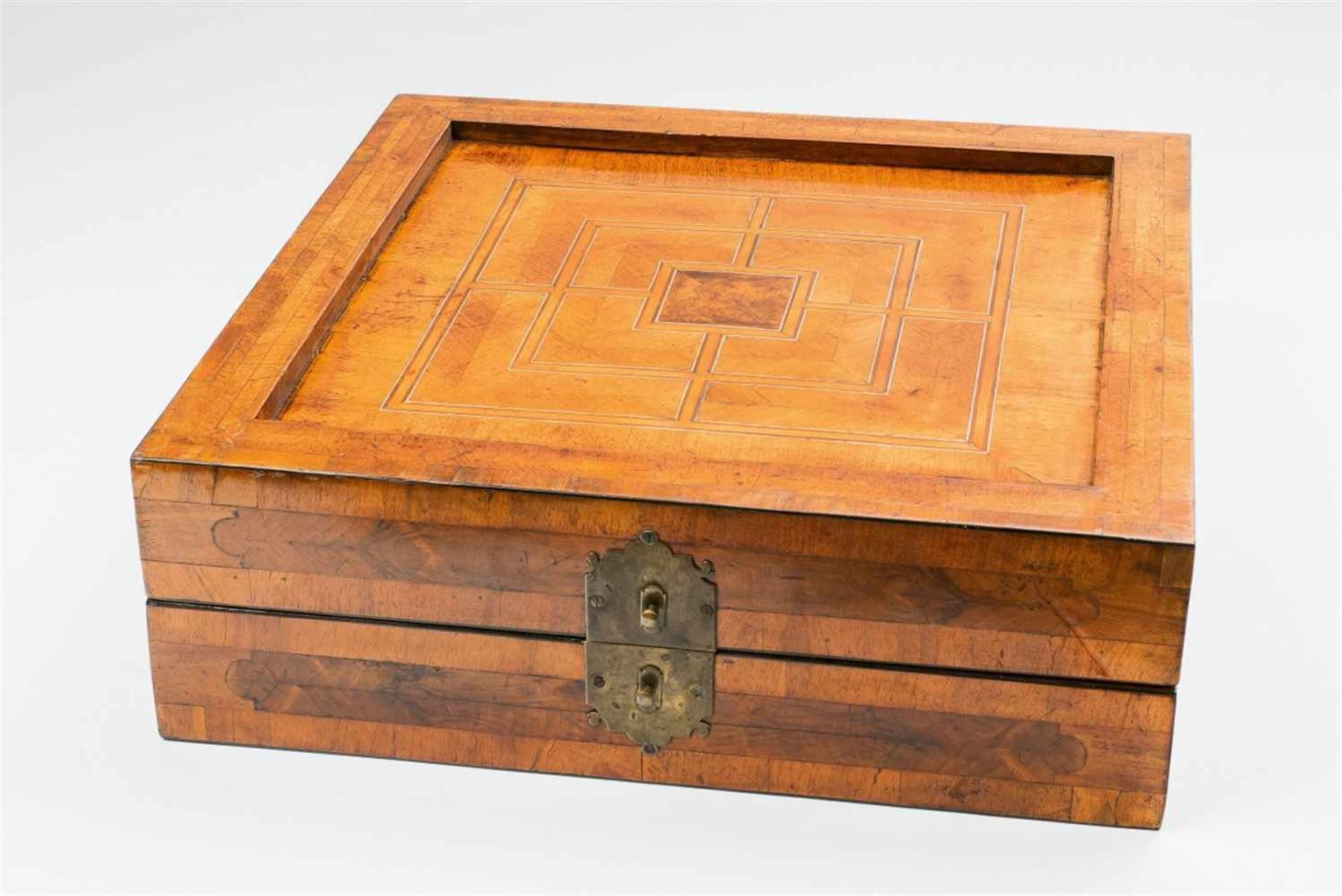 A large German Baroque gaming boxSquare travel gaming box with walnut, ebony, and aramanth