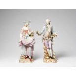 Two Meissen porcelain gardener figuresTwo large figures of a lady and a gentleman gardener on