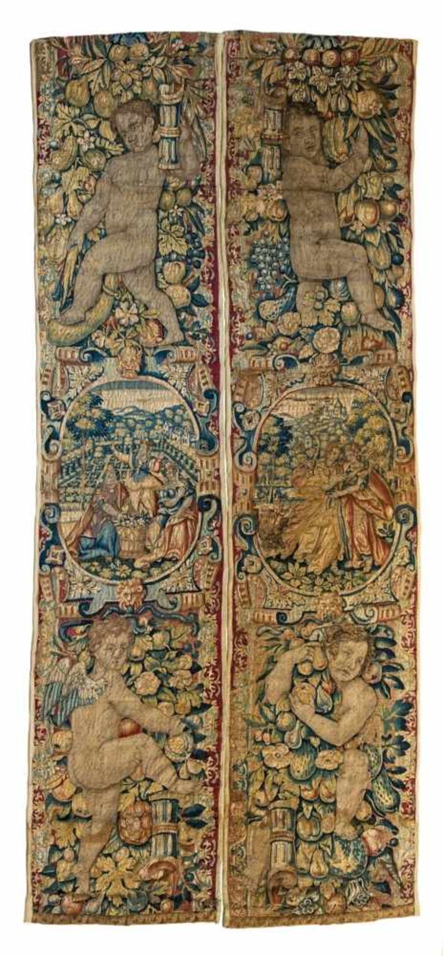 Two Dutch Baroque silk tapestry bordersLined borders with putti amid garlands of flowers and fruit