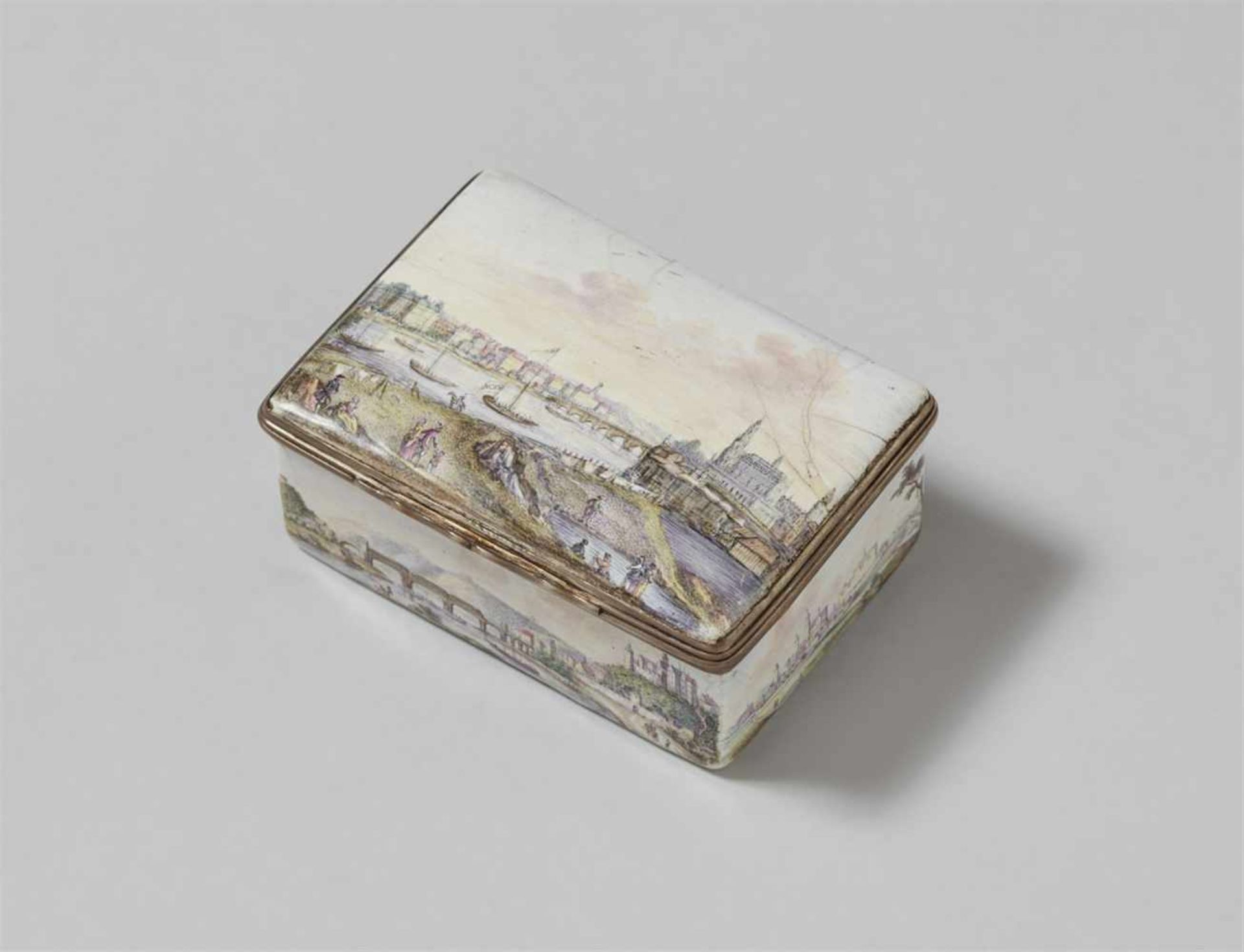 An unusual enamel snuff box with views of Dresden and SaxonyColoured enamels on copper, silver