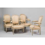 Four French Louis XVI fauteilsWhite painted beech wood, old textile upholstery. Overpainted, old