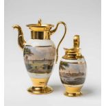 Two Nymphenburg porcelain pitchers with views of Munich and NeuburgModel no. 213, "Kaffeekanne antik