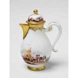 A small Meissen porcelain coffee pot and cover with "kauffahrtei" scenesBlue crossed swords mark,