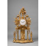 A large Neoclassical portico clockCarved and gilt wood, white enamel dial, domed glazing. Day-